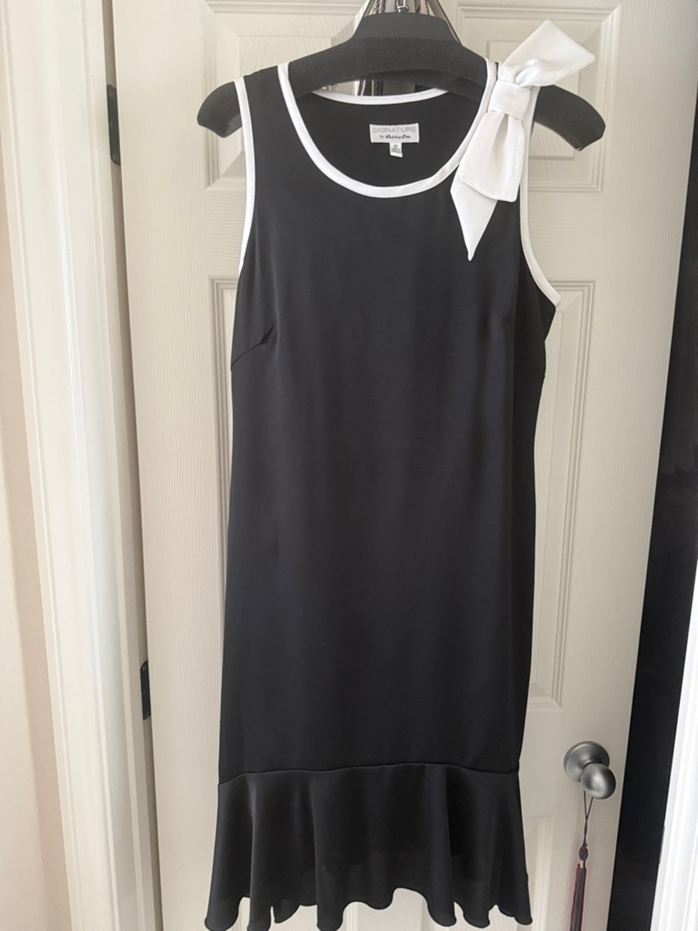 Signature by Robbie Bee Black Midi Dress with White Trim and Bow